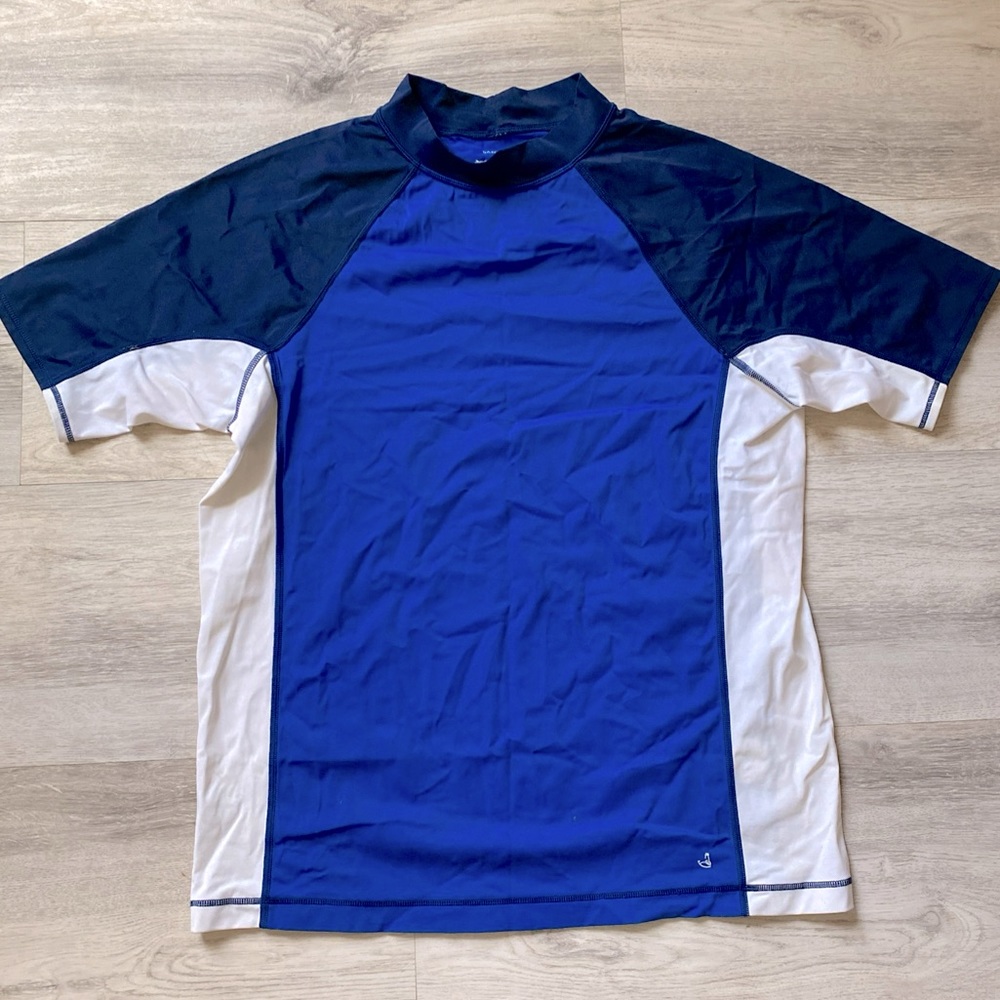 Lands End Blue Short Sleeve UPF Swim Shirt Boys Size 14-16